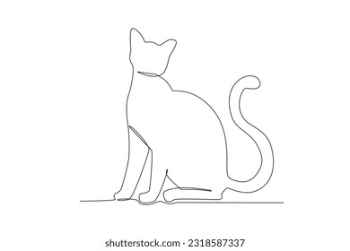 Un gato de cola larga sentado. Dibujo de una línea del día internacional del gato