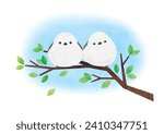 Long-tailed Tits on the tree watercolor