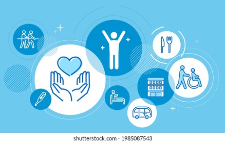 Long-term care image,group of icon,blue background,vector illustration