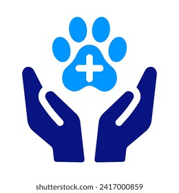 Long-Term Child Life Long Insurance. Animal dog paw in human hand. Veterinary Clinic, Pet care, health with cross sign. Help encourage, safe hands. Animal care, protection. 