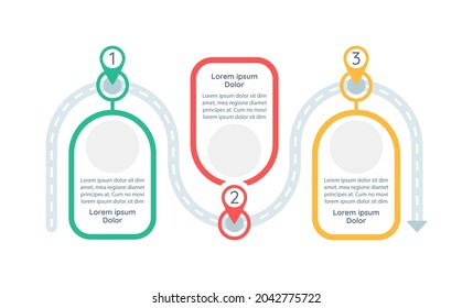 Long-term goals achieving vector infographic template. Roadmap presentation design elements with text space. Data visualization with 3 steps. Process timeline chart. Workflow layout with copyspace