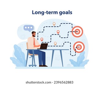 Concepto de objetivos a largo plazo. Un hombre de escritorio visualizando futuros objetivos con una hoja de ruta conectada, resaltó objetivos. Planificación estratégica. Camino al éxito. Ilustración vectorial plana.