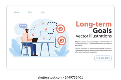 Long-term Goals concept. Man at desk visualizing future targets with connected roadmap, highlighted objectives. Strategic planning. Path to success. Flat vector illustration.