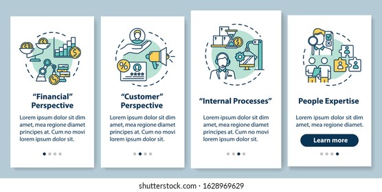 Long-term goals onboarding mobile app page screen with concepts. Customer perspective. Business building walkthrough 4 steps graphic instructions. UI vector template with RGB color illustrations