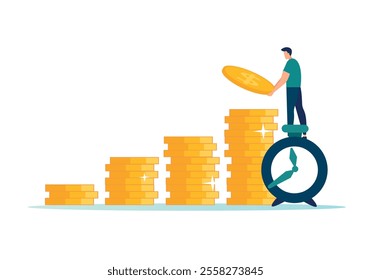 Long-term investment or savings concept of tax time reminder, businessman puts more dollar coins on the alarm clock, increase savings, vector illustration