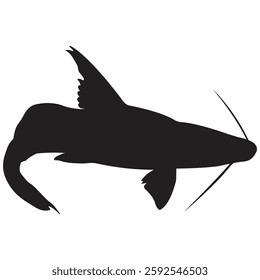 Long-whiskered Catfish , Asian ayer fish, bay of bangle fish, Padma ayer fish, fish logo outline,  icon, silhouette vector illustration black and white