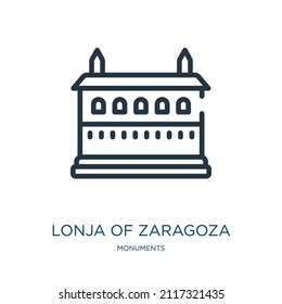 lonja of zaragoza thin line icon. spain, clouds linear icons from monuments concept isolated outline sign. Vector illustration symbol element for web design and apps.