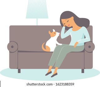 Lonley depressed young woman with her dog helping to overcome emotional or mental issues