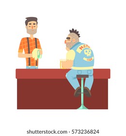 Lonly Biker Gang Member In Jeans Outfit At The Counter With Calm Barman, Beer Bar And Criminal Looking Muscly Men Having Good Time Illustration