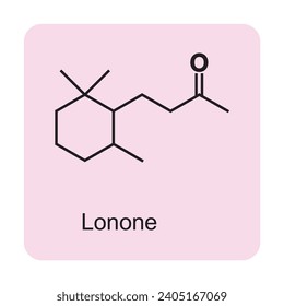 Lonone skeletal structure diagram.Monoterpene ketone compound molecule scientific illustration on pink background.