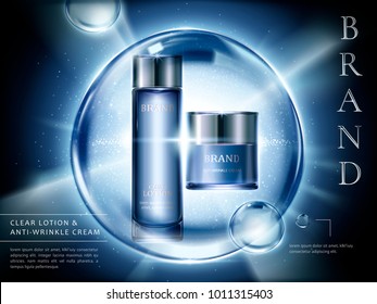 Lontion and cream ads, cosmetic containers set with burst light and giant bubbles in 3d illustration