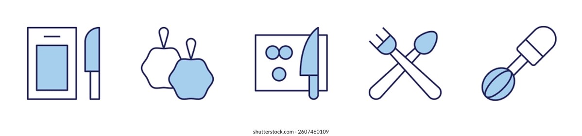 loofah, cutting board, whisk, cutlery. Utensil Icon vector illustration. Line Duotone style. Editable stroke.
