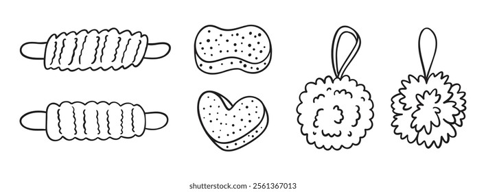 loofah or Shower puff and soft mesh bath sponge doodle hand drawn set. Accessory for washing, body care, personal hygiene. . Vector illustration