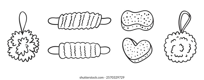 loofah or Shower puff and soft mesh bath sponge doodle hand drawn set. Accessory for washing, body care, personal hygiene. . Vector illustration