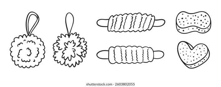 loofah or Shower puff and soft mesh bath sponge doodle hand drawn set. Accessory for washing, body care, personal hygiene. . Vector illustration