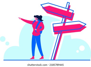 Look Ahead Vector Illustration - Amazing flat vector illustration backpacker girl pointing a direction suitable for website, mobile apps, travel agency, hiking business and illustration in general
