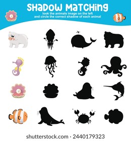 Look the animal image on the left and circle the correct shadow of each animal. Find the correct shadow. Printable activity page for kids. Learning Game. Vector file.