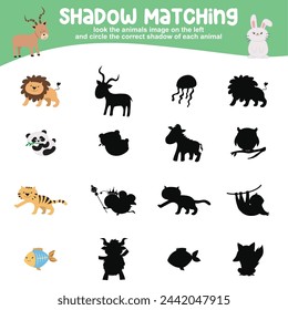 Look the animal image on the left and circle the correct shadow of each animal. Find the correct shadow. Printable activity page for kids. Learning Game. Vector file.