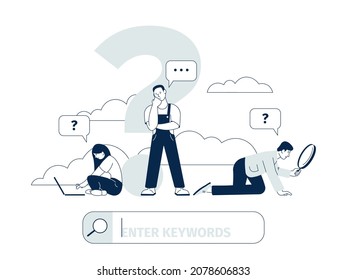 Look answer. Character asking, professional web surf. Curious look on problem, internet searching. Business people thinking and research, recent vector concept