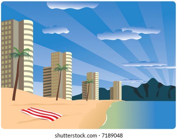Look at the beach & building on the seashore