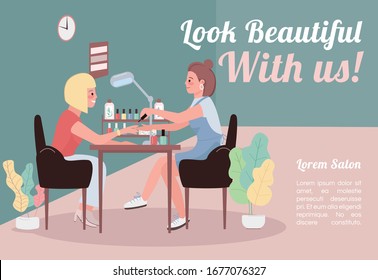 Look beautiful with us banner flat vector template. Brochure, poster concept design with cartoon characters. Woman getting manicure. Gel nail polish horizontal flyer, leaflet with place for text