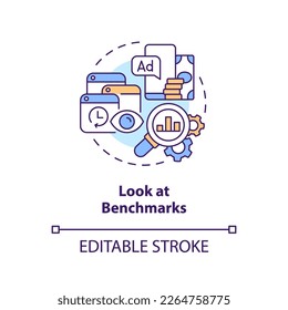 Schauen Sie sich das Benchmarks-Konzeptsymbol an. Beginnen Sie mit Social Media-Werbung abstrakte Idee dünne Linie Illustration. Einzeln Umrisszeichnung. Bearbeitbarer Strich. Arial, Myriad Pro Fett Schriftarten verwendet