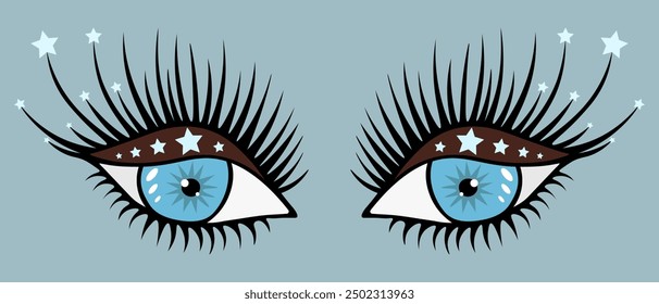 La mirada de ojos azules. En los párpados medio cerrados, sombra de ojos marrón y brillo brillante. Exuberantes pestañas negras cubiertas de estrellas. Ilustración vectorial de color. Estilo de dibujos animados. Fondo azul aislado. 