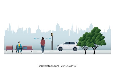 Look both ways before crossing .Woman practices pedestrian safety, pausing at a crosswalk as a car waits patiently, while a student sits on a nearby bench, enjoying the urban scenery