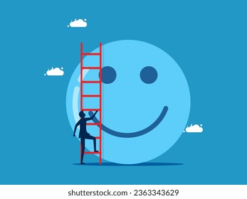 Look at the business world positively. Businessman climbs the stairs with optimistic thoughts