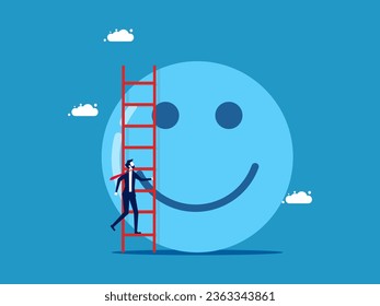 Look at the business world positively. Businessman climbs the stairs with optimistic thoughts