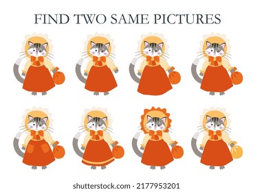 
Look carefully at the cats in dresses and find two identical ones. Logical game for kids. Puzzle for preschoolers.