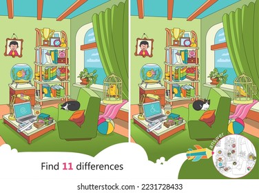 Look carefully at the picture and guess if someone entered the room. Find 11 differences. Educational game for children. Cartoon vector illustration