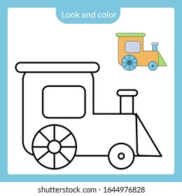Look and color. Coloring page outline of train toy with example. Simple shapes. Vector illustration, coloring book for kids.