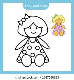 Look and color. Coloring page outline of doll toy with example. Simple shapes. Vector illustration, coloring book for kids.