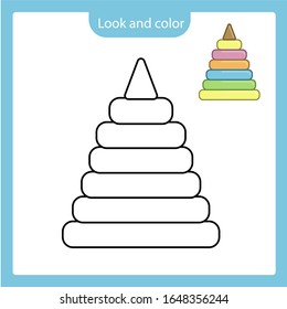 Look and color. Coloring page outline of pyramid toy with example. Simple shapes. Vector illustration, coloring book for kids.