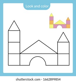 Look and color. Coloring page outline of castle out of blocks toy with example. Simple shapes. Vector illustration, coloring book for kids.