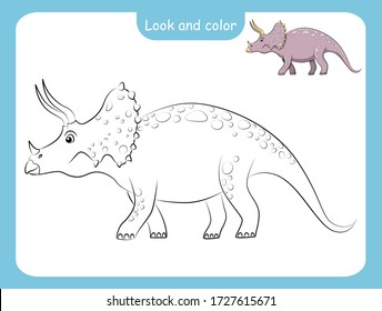 Look and color. Coloring page outline of dinosaur with colored example. Vector illustration, coloring book for kids preschool activities.