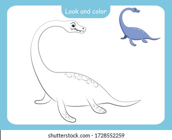 Look and color. Coloring page outline of dinosaur with colored example. Vector illustration, coloring book for kids preschool activities.