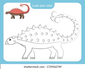 Look and color. Coloring page outline of dinosaur with colored example. Vector illustration, coloring book for kids preschool activities.