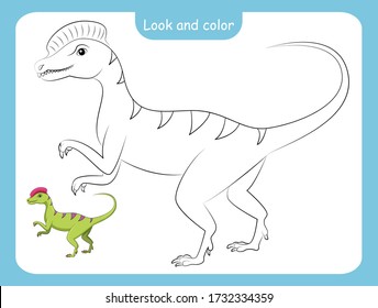 Look and color. Coloring page outline of dinosaur with colored example. Vector illustration, coloring book for kids preschool activities.