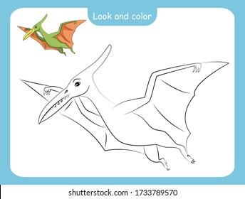 Look and color. Coloring page outline of dinosaur with colored example. Vector illustration, coloring book for kids preschool activities.
