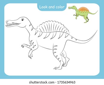Look and color. Coloring page outline of dinosaur with colored example. Vector illustration, coloring book for kids preschool activities.