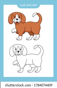 Look and color. Coloring page outline of a dog with colored example. Vector illustration, coloring book for kids preschool activities.