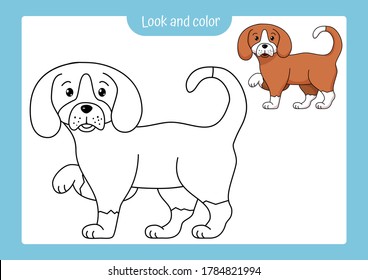 Look and color. Coloring page outline of a dog with colored example. Vector illustration, coloring book for kids preschool activities.