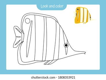 Look and color. Coloring page outline of a tropical fish with colored example. Vector illustration, coloring book for kids preschool activities.