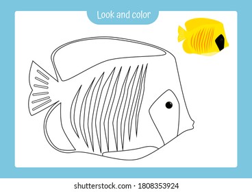 Look and color. Coloring page outline of a tropical fish with colored example. Vector illustration, coloring book for kids preschool activities.