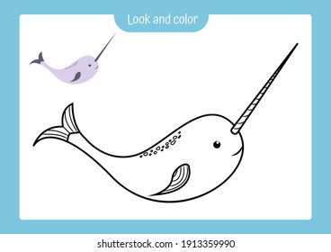 Look and color. Coloring page outline of narwhal with colored example. Vector illustration, coloring book for kids preschool activities.