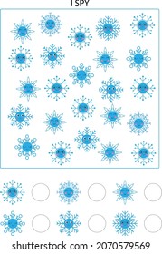 Look and count snowflakes. Spy game for kids.