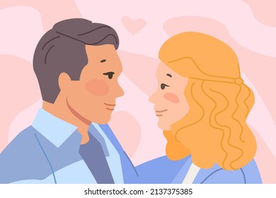 Look of couple lovers. Amused woman and man before sweet kiss, romantic pleasure love pair partners vector illustration. Woman and man relationship love