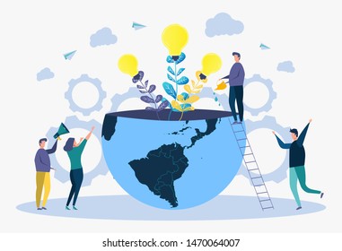 Busca una idea creativa. Metáfora de un negocio exitoso. La gente hace crecer la idea en forma de flores y bombillas del hemisferio del planeta. Ilustración vectorial colorida.